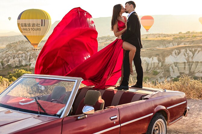 Cappadocia Private Photo Shoot with Flying Dress & Vintage Car - A sunrise shoot that starts with coffee and balloon glow